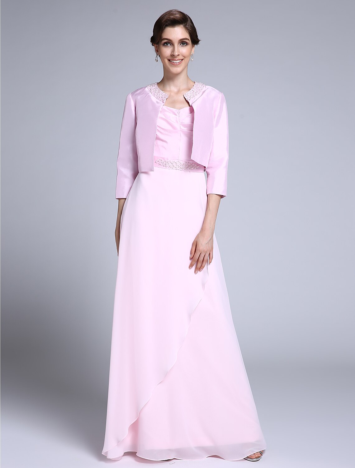 wholesale Sheath / Column Mother of the Bride Dress Scoop Neck Floor Length Chiffon 3/4 Length Sleeve No with Beading