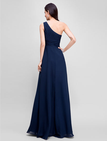 Wholesa Sheath / Column Empire Dress Wedding Guest Formal Evening Floor Length Sleeveless One Shoulder Bridesmaid Dress Chiffon with Ruched Beading