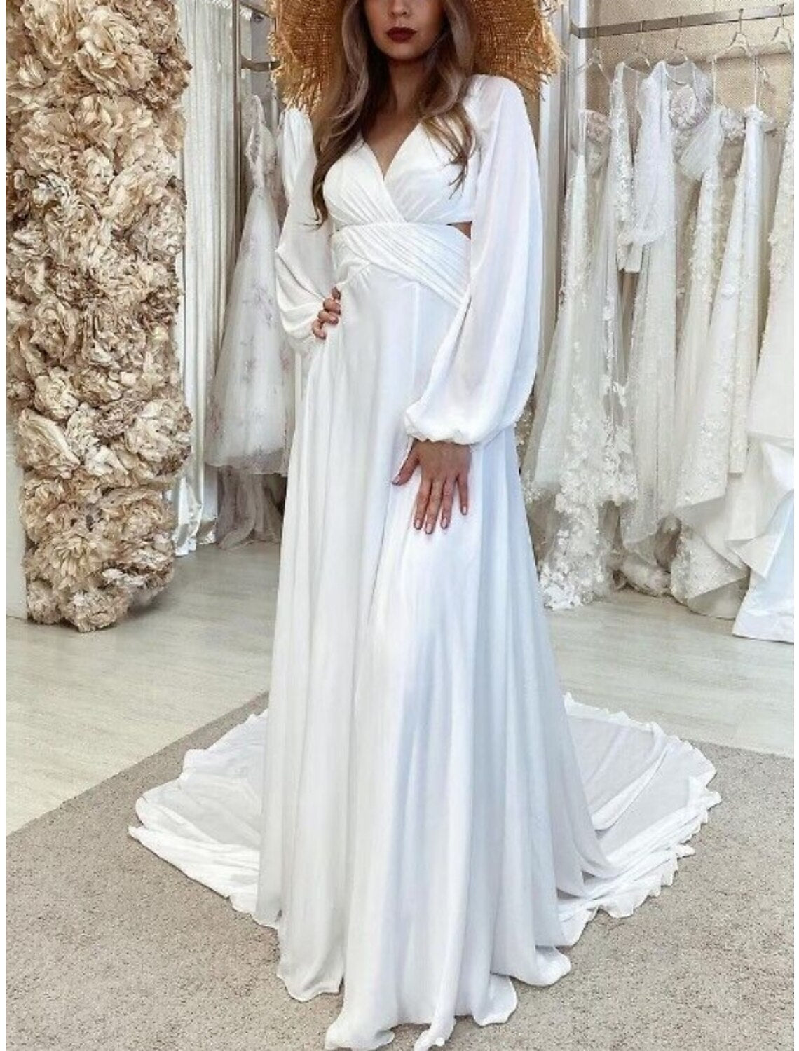 Wholesa Formal Wedding Dresses Sheath / Column V Neck Long Sleeve Court Train Chiffon Bridal Gowns With Pleats Solid Color