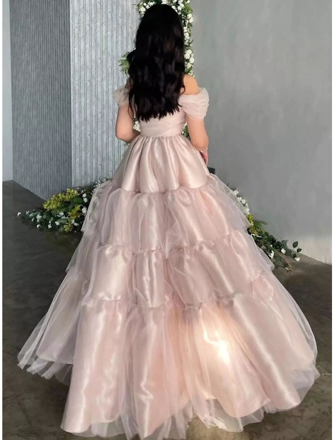 Wholesa  A-Line Evening Gown Princess Dress Formal Floor Length Short Sleeve Off Shoulder Satin with Pleats