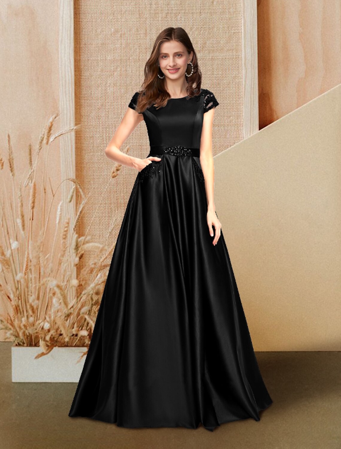 Wholesa A-Line Evening Gown Luxurious Dress Wedding Guest Engagement Floor Length Short Sleeve Jewel Neck Pocket Satin with Beading Lace Insert Pocket