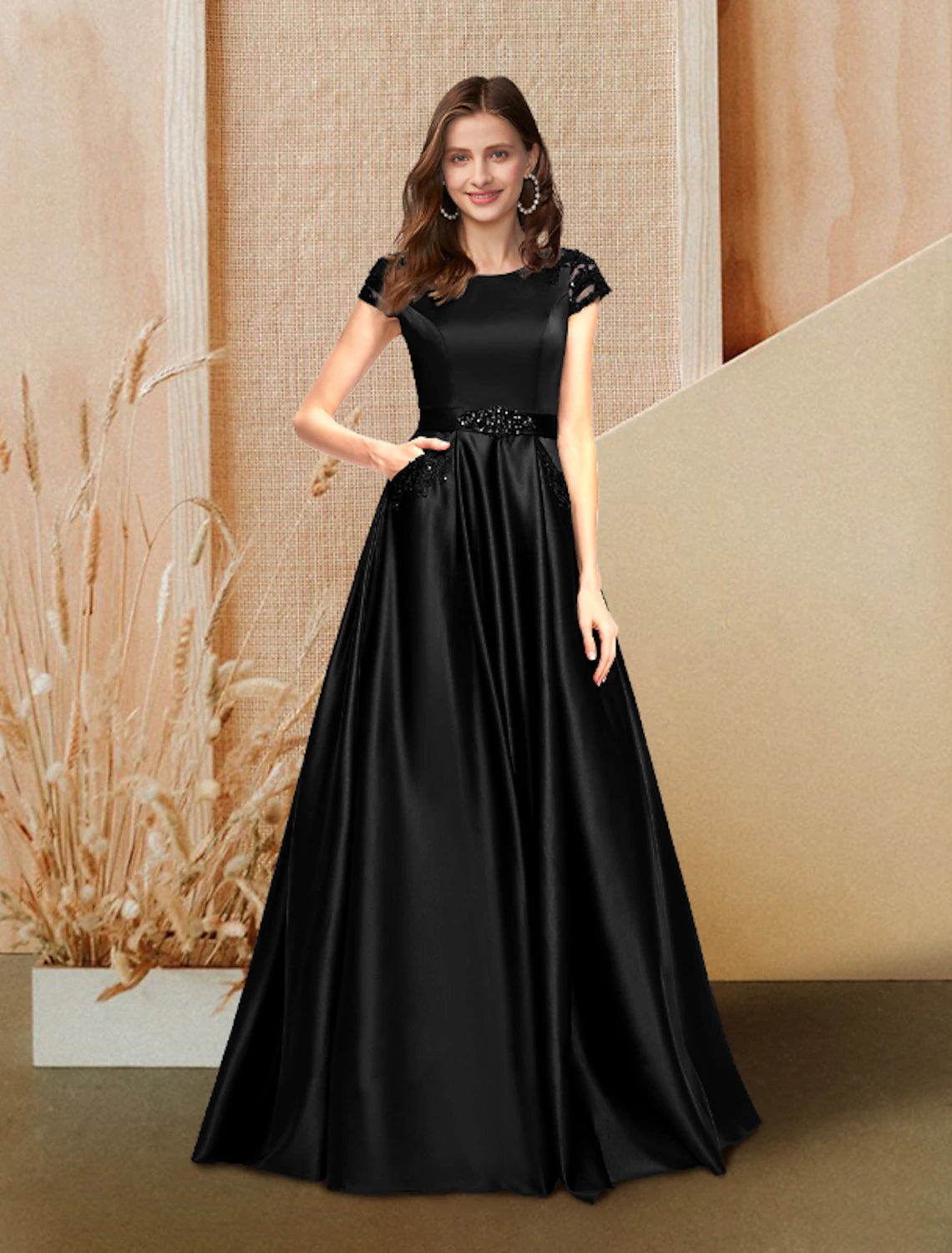 wholesale  A-Line Evening Gown Luxurious Dress Wedding Guest Floor Length Short Sleeve Jewel Neck Pocket Satin with Beading Lace Insert Pocket