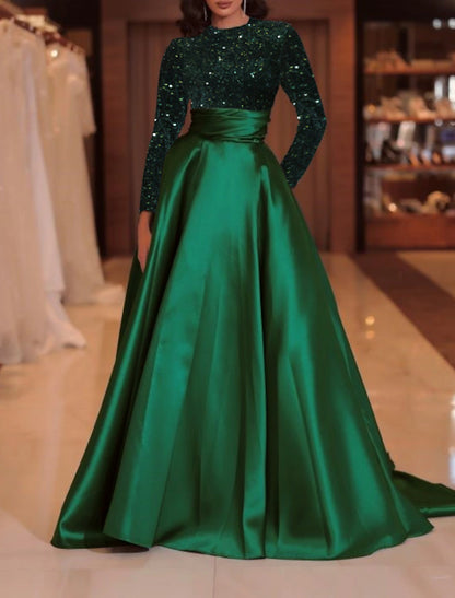 Wholesa A-Line Evening Gown Sparkle Red Green Dress Formal Cocktail Party Court Train Long Sleeve High Neck Fall Wedding Guest Satin with Sequin