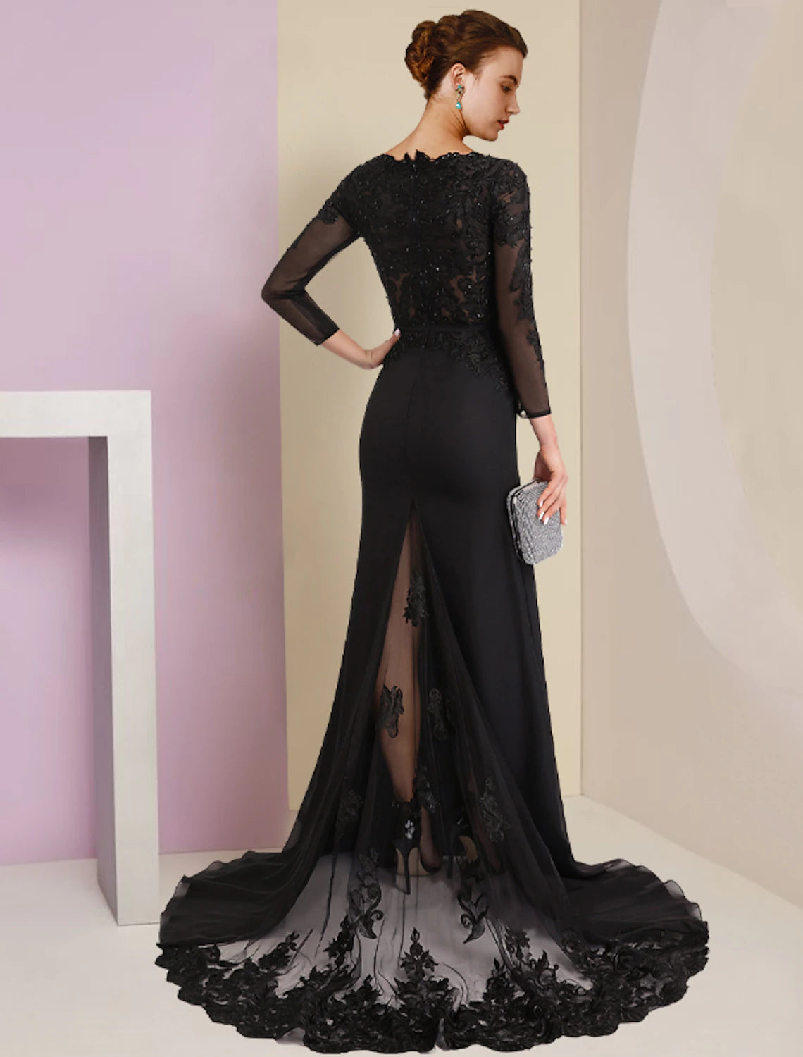 wholesale  Sheath / Column Mother of the Bride Dress Wedding Guest Vintage Party V Neck Court Train Chiffon Lace Long Sleeve with Sequin