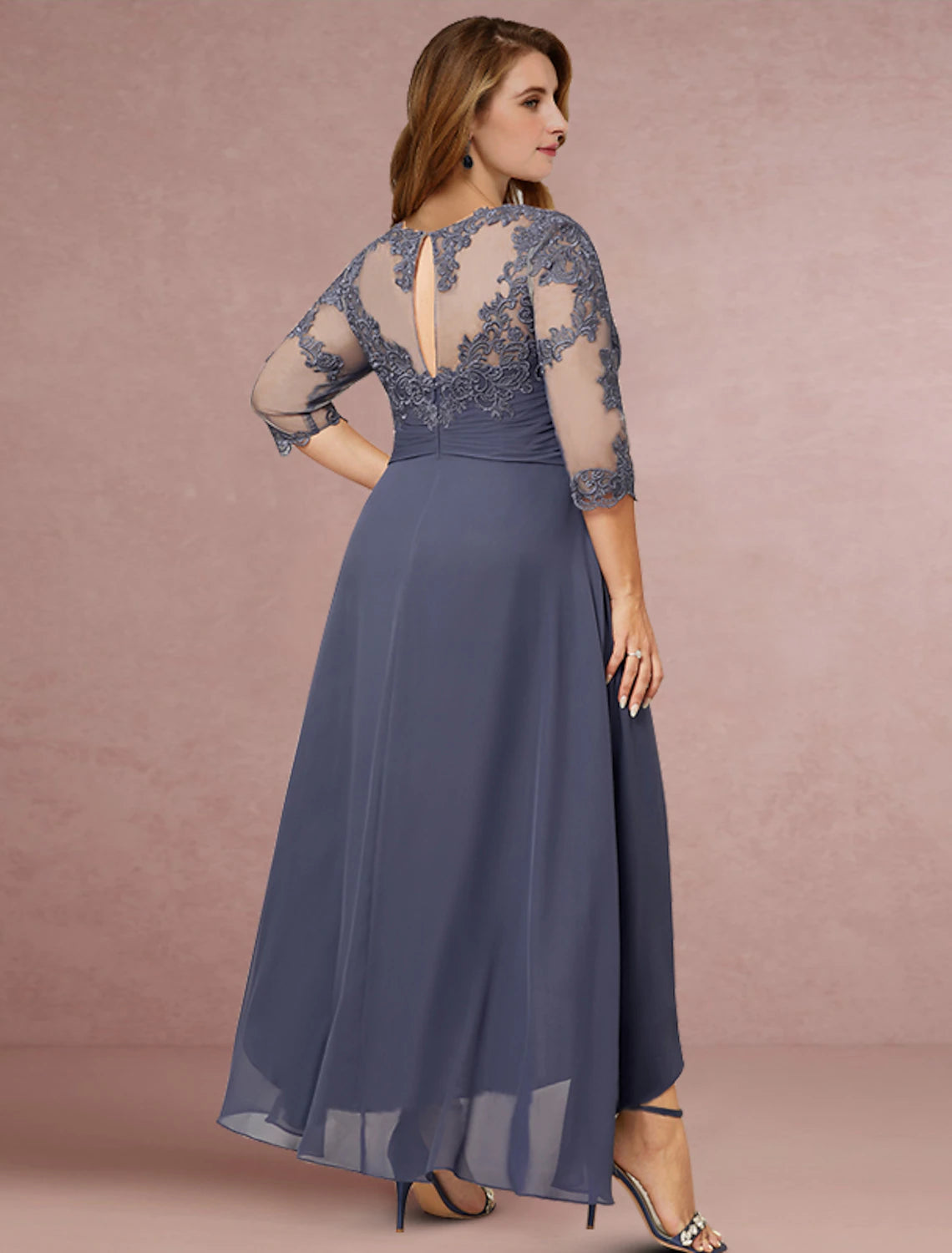 Wholesa Sheath / Column Mother of the Bride Dress Wedding Guest Elegant Jewel Neck Asymmetrical Chiffon Lace 3/4 Length Sleeve with Pleats Solid Color