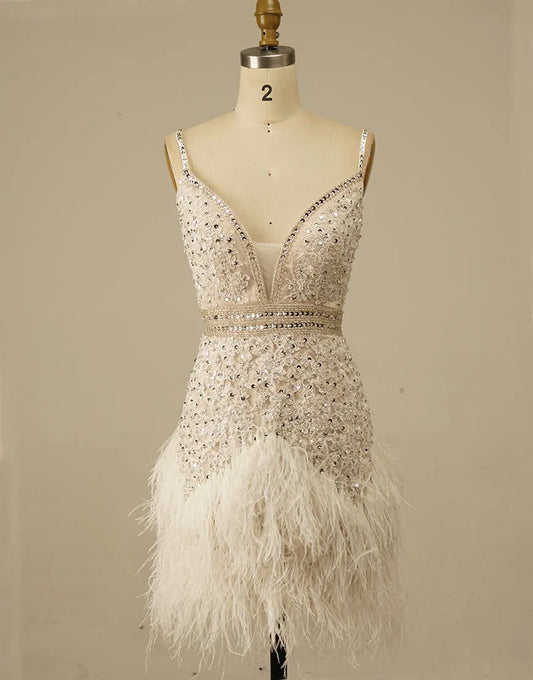 Wholesale Gorgeous White Spaghetti Straps Beaded Homecoming Dress With Feather