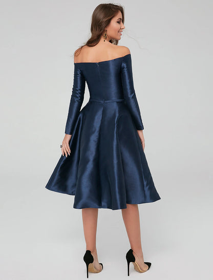 Wholesa  A-Line Special Occasion Dresses Party Dress Wedding Guest Cocktail Party Knee Length Long Sleeve Off Shoulder Satin with Pleats