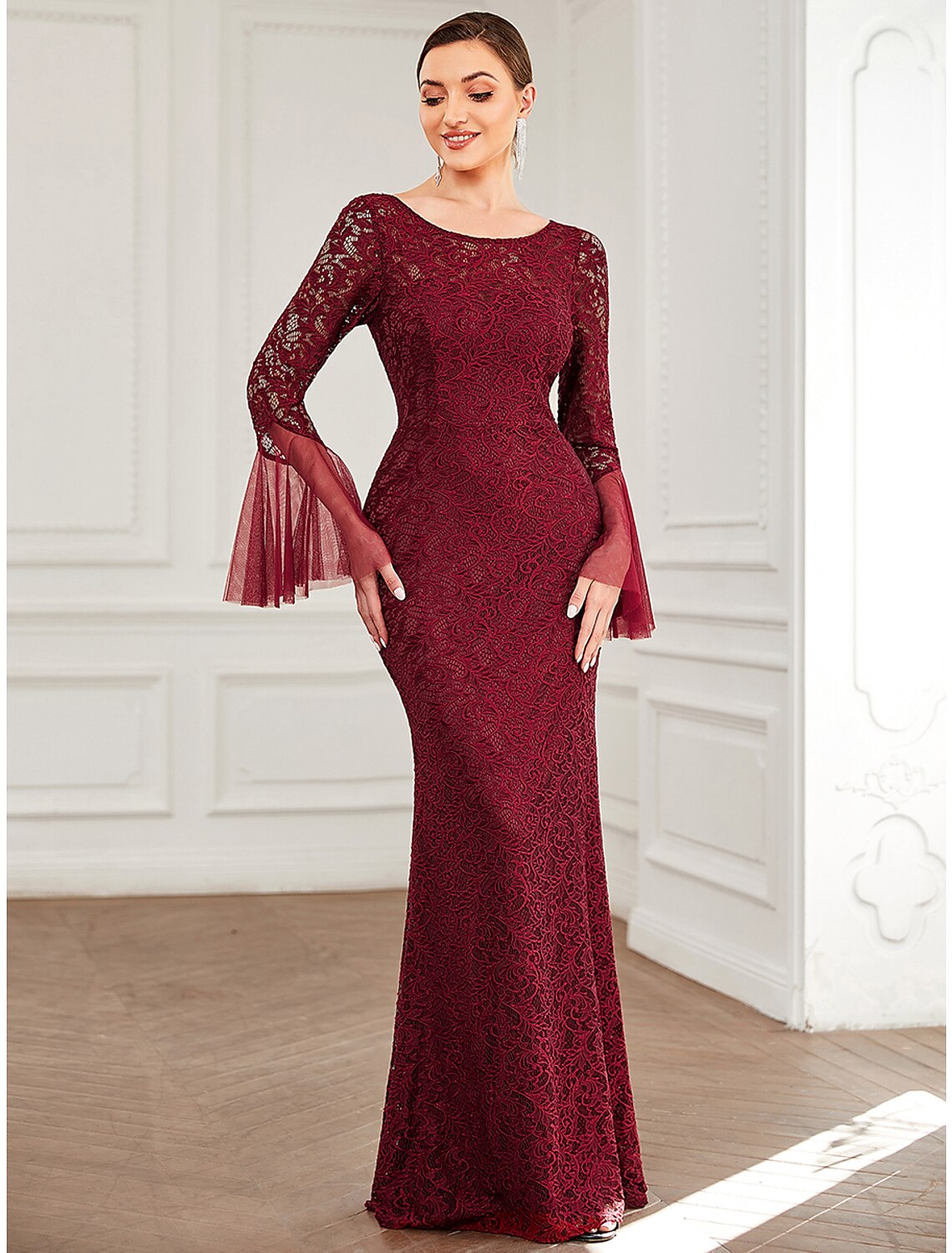 wholesale  Mermaid / Trumpet Mother of the Bride Dress Elegant Sexy Jewel Neck Floor Length Lace Long Sleeve with Solid Color