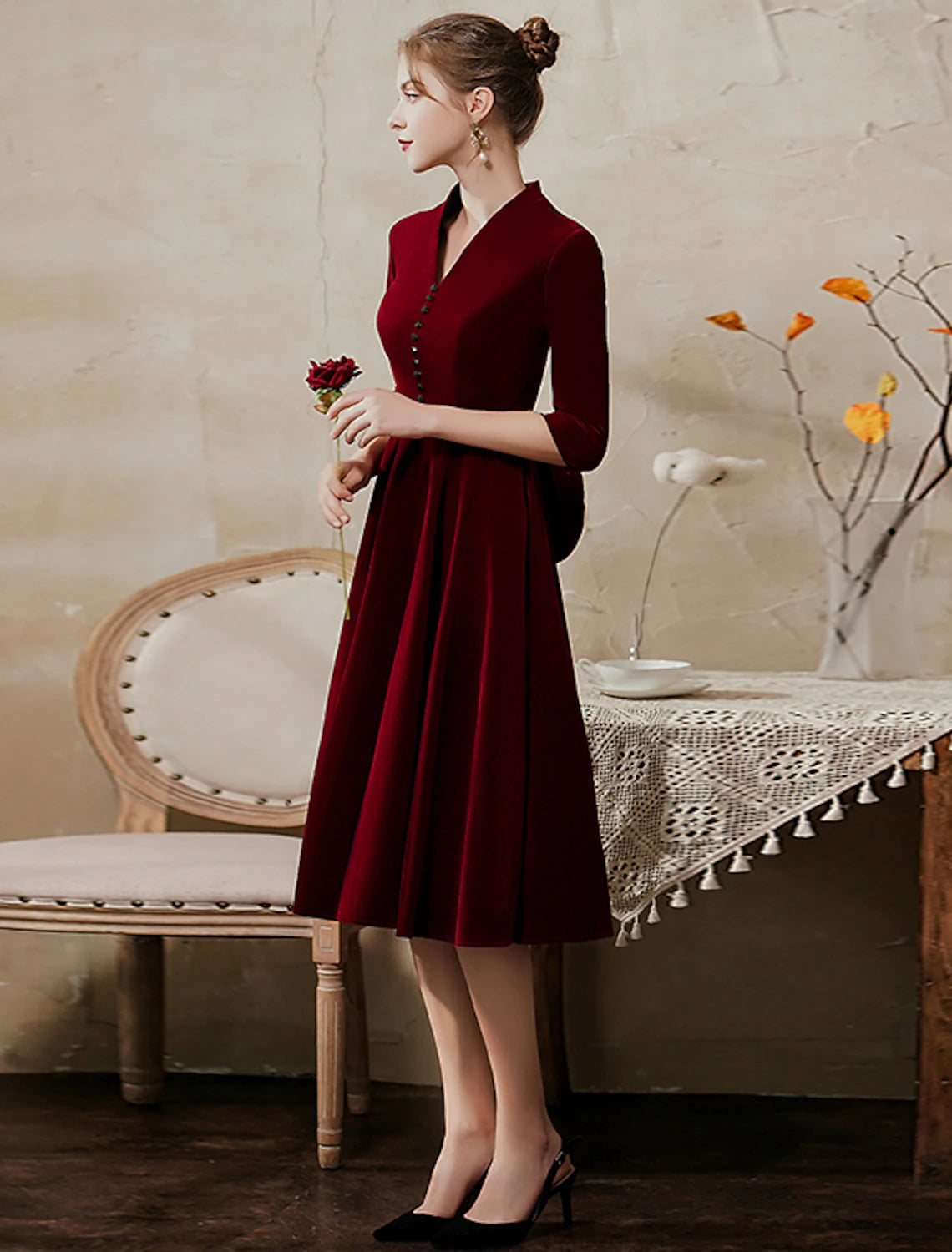 wholesale A-Line Minimalist Vintage Party Wear Cocktail Party Dress V Neck Half Sleeve Tea Length Velvet with Sleek