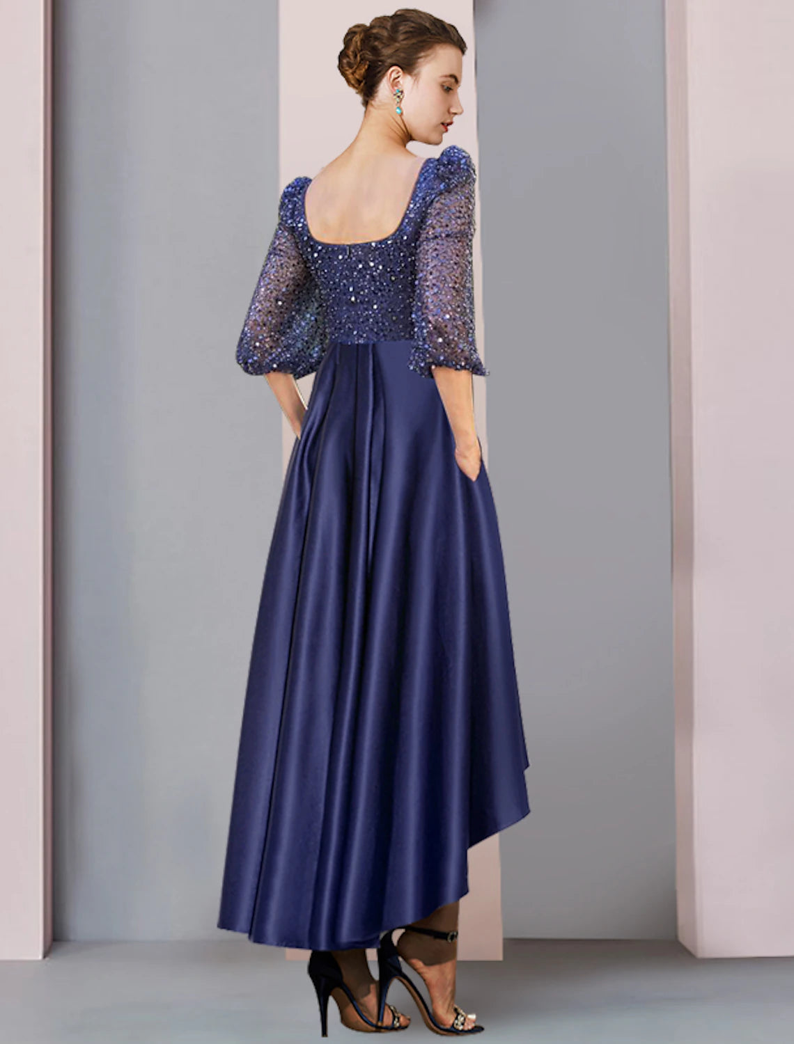 Wholesale Two Piece Sheath / Column Mother of the Bride Dress Formal Wedding Guest Elegant Sparkle & Shine High Low Square Neck Asymmetrical Tea Length Satin Lace Half Sleeve with Pleats Beading Appliques