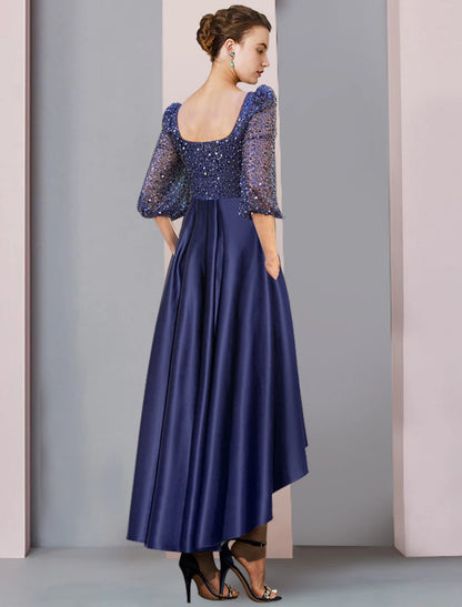 Wholesale Two Piece Sheath / Column Mother of the Bride Dress Formal Wedding Guest Elegant Sparkle & Shine High Low Square Neck Asymmetrical Tea Length Satin Lace Half Sleeve with Pleats Beading Appliques