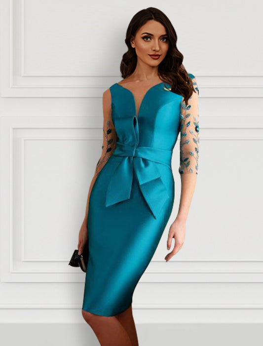 wholesale  Sheath / Column Cocktail Dresses Open Back Dress Formal Knee Length Half Sleeve Jewel Neck Satin with Bow(s) Slit Appliques