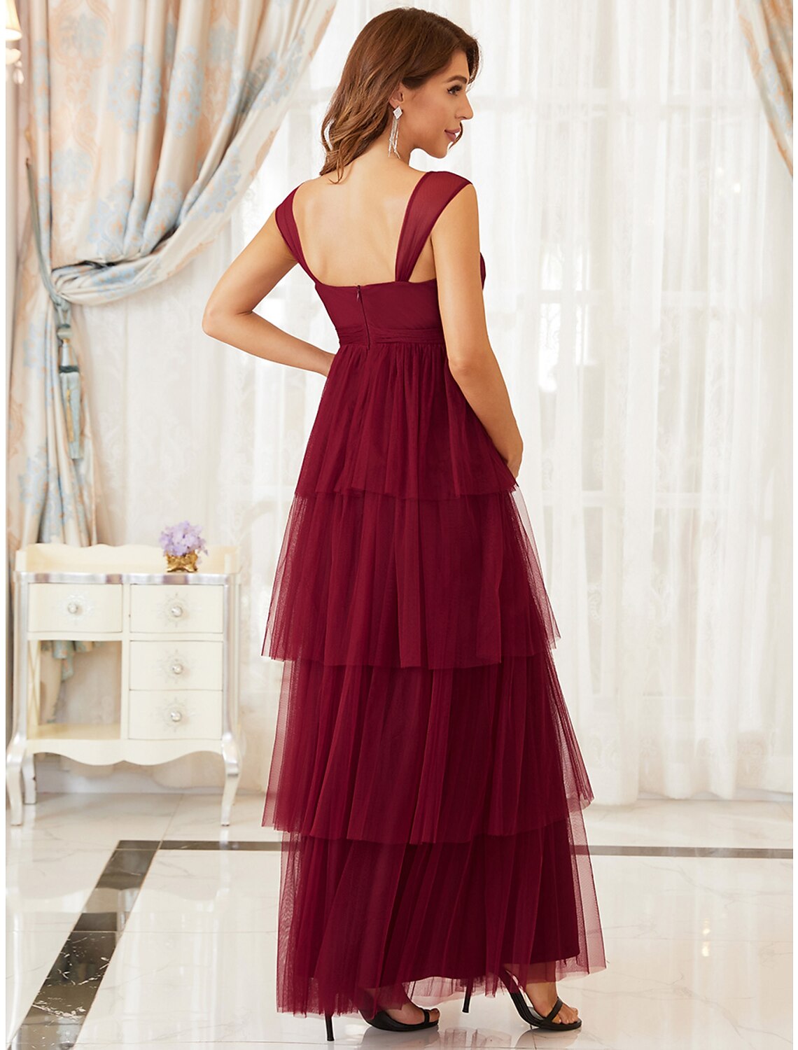 wholesale   A-Line Maternity Cute Formal Evening Dress V Neck Sleeveless Floor Length Tulle with Tier Pure Color