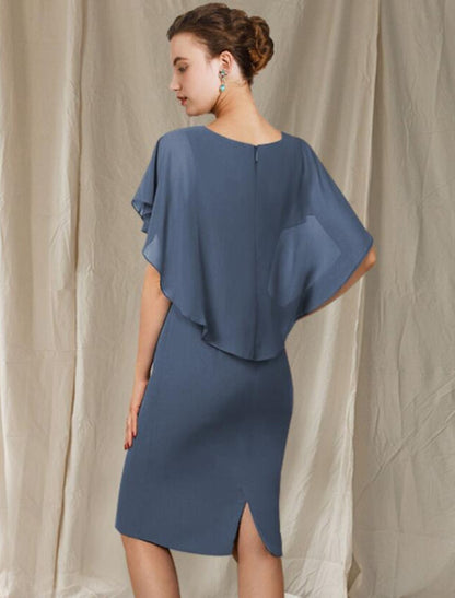 Wholesale Sheath / Column Mother of the Bride Dress Simple Elegant V Neck Knee Length Chiffon Short Sleeve with Ruffles