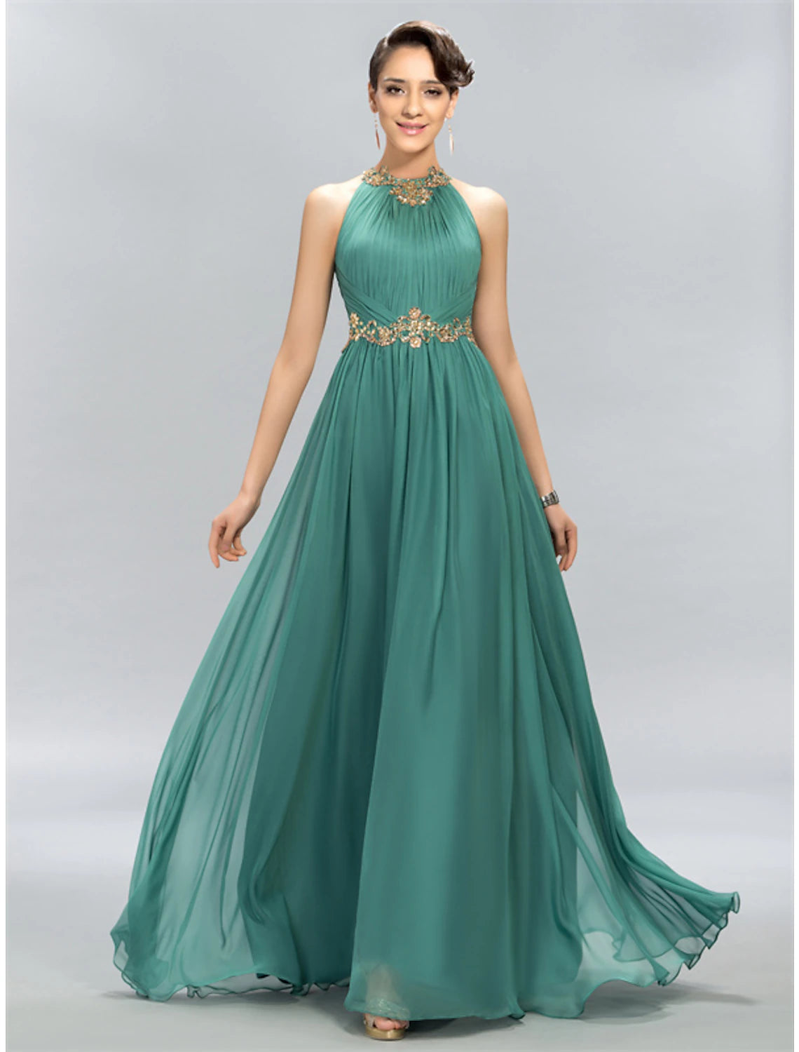 Wholesale A-Line Wedding Guest Dresses Maxi Dress Party Wear Floor Length Sleeveless Halter Chiffon with Ruched Appliques