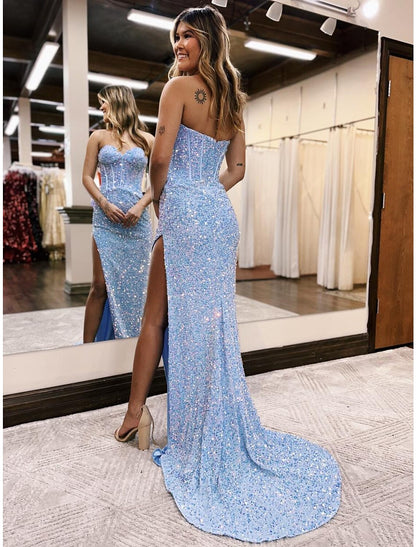 wholesale  Mermaid / Trumpet Prom Dresses Sparkle & Shine Dress Formal Court Train Sleeveless Sweetheart Sequined Backless with Sequin Slit