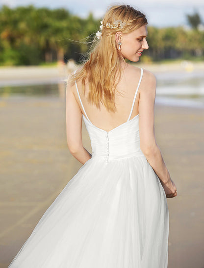 wholesale  Beach Wedding Dresses A-Line Spaghetti Strap Sleeveless Sweep / Brush Train Chiffon Bridal Gowns With Sashes / Ribbons