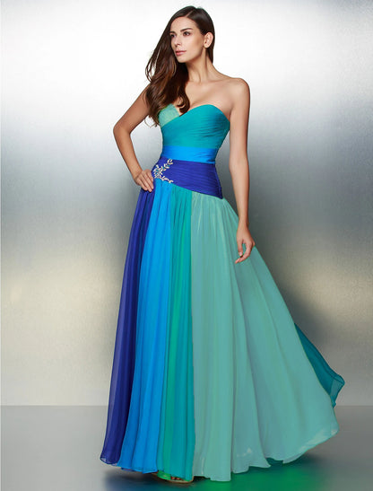 Wholesale A-Line Color Block Dress Wedding Guest Floor Length Sleeveless Sweetheart Chiffon Backless with Ruched Crystals