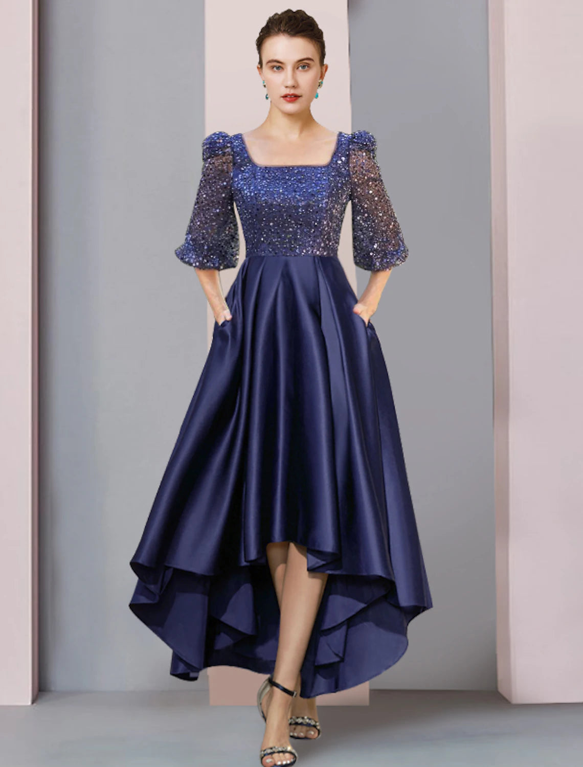 Wholesale Two Piece Sheath / Column Mother of the Bride Dress Formal Wedding Guest Elegant Sparkle & Shine High Low Square Neck Asymmetrical Tea Length Satin Lace Half Sleeve with Pleats Beading Appliques