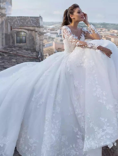 Wholesale Engagement Sexy Fall Formal Wedding Dresses Ball Gown V Neck Long Sleeve Chapel Train Lace Bridal Gowns With Appliques 2023 Summer Wedding Party