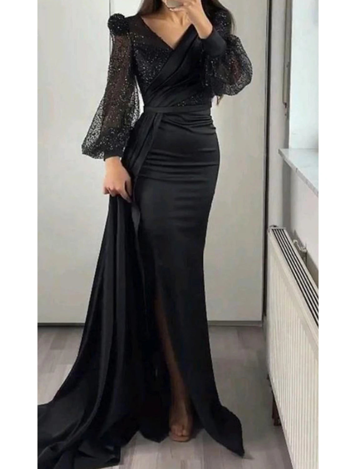 Wholesa Mermaid Evening Dress Champagne Gown Sparkle Sequin Dress Formal Black Tie Floor Length Long Sleeve V Neck Satin With Buttons Pearls