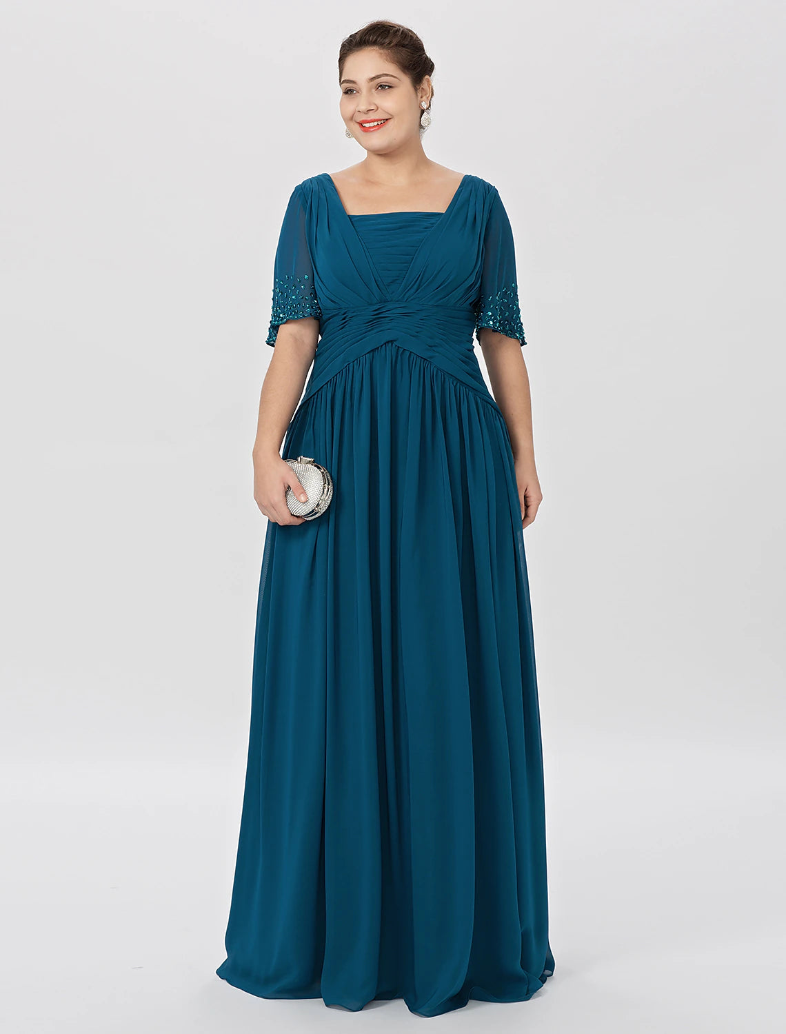 wholesale Ball Gown A-Line Mother of the Bride Dress Formal Classic & Timeless Elegant & Luxurious Plus Size Square Neck Floor Length Chiffon Short Sleeve No with Pleats Beading