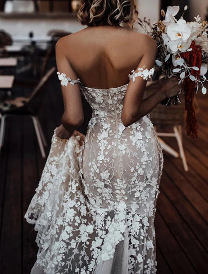 Wholesa Beach Boho Wedding Dresses Mermaid / Trumpet Off Shoulder Cap Sleeve Court Train Lace Bridal Gowns With Appliques Solid Color