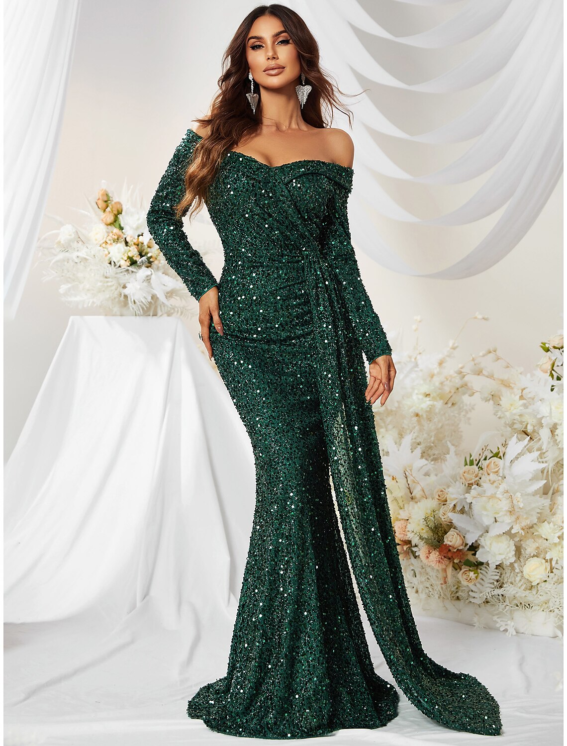 Wholesa Mermaid / Trumpet Evening Gown Sparkle & Shine Dress Formal Wedding Guest Sweep / Brush Train Long Sleeve Off Shoulder Polyester with Sequin