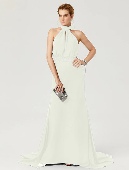 Wholesa Sheath / Column Elegant Holiday Cocktail Party Formal Evening Dress High Neck Sleeveless Court Train Chiffon with Sash / Ribbon Bow(s) Pleats