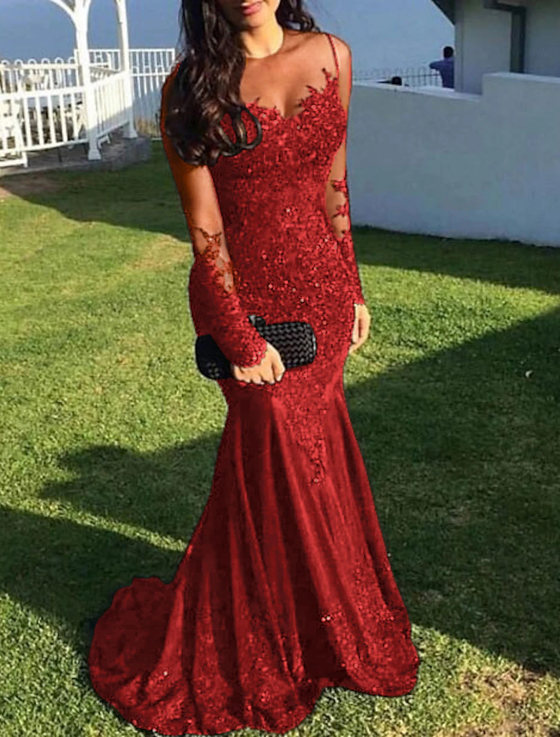 Wholesa Mermaid Black Dress Evening Gown Sequin Prom Dress Sparkle Formal Gown Sweep / Brush Train Long Sleeve Illusion Neck Lace with Appliques