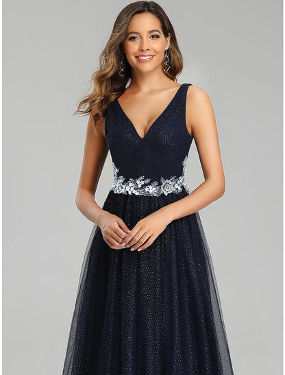 Wholesa A-Line Prom Dresses Empire Dress Wedding Guest Prom Floor Length Sleeveless V Neck Tulle with Sequin Appliques