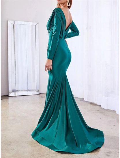 Wholesa Mermaid / Trumpet Bridesmaid Dress V Neck Long Sleeve Elegant Court Train Chiffon with Ruching / Solid Color