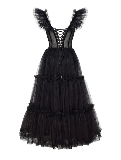 wholesale  A-Line Prom Dresses Gothic Dress Masquerade Ankle Length Sleeveless Sweetheart Wednesday Addams Family Tulle Crisscross Back with Pleats Ruffles