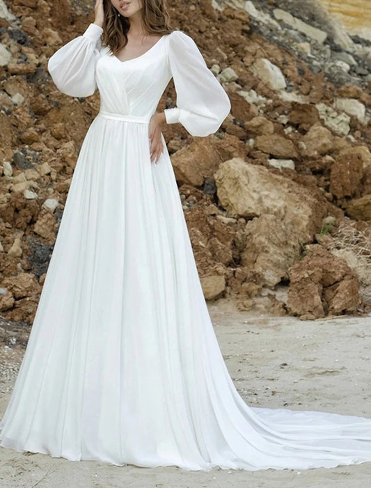 Wholesa Beach Vintage 1940s / 1950s Wedding Dresses A-Line V Neck Long Sleeve Court Train Chiffon Bridal Gowns