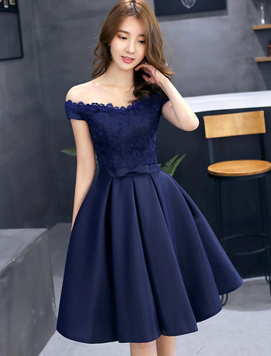 wholesale  A-Line Elegant Floral Cocktail Party Prom Dress Off Shoulder Sleeveless Short / Mini Lace with Pleats