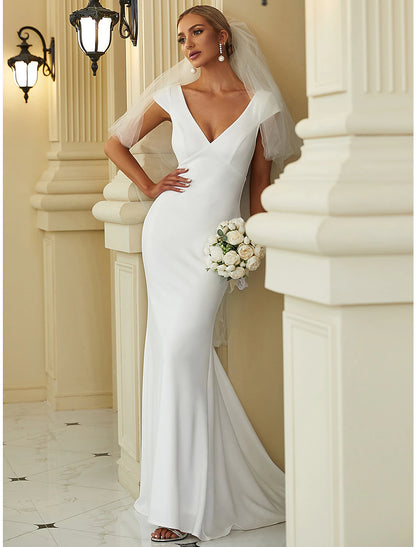 Wholesale Reception Casual Wedding Dresses Mermaid / Trumpet V Neck Cap Sleeve Sweep / Brush Train Stretch Fabric Bridal Gowns With Draping Solid Color 2023 Summer Wedding Party