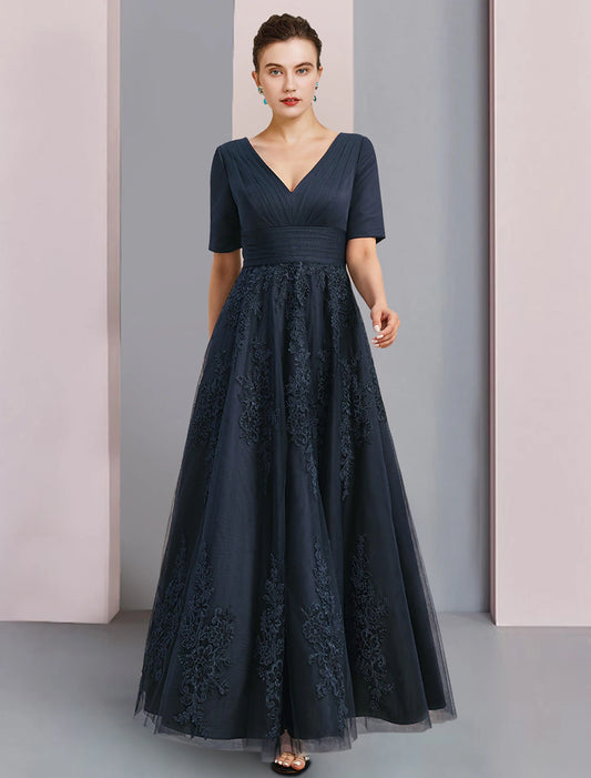 Wholesa  A-Line Mother of the Bride Dress Formal Elegant Vintage V Neck Ankle Length Chiffon Lace Short Sleeve with Pleats Ruched Appliques