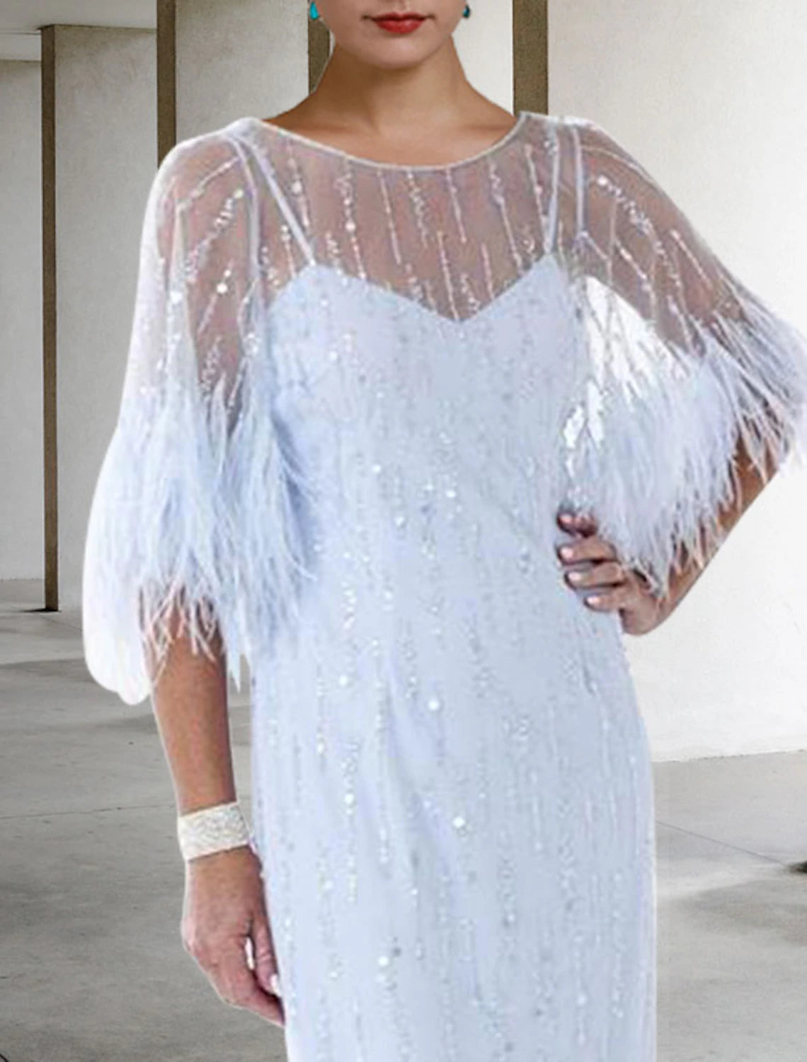 wholesale Sheath / Column Mother of the Bride Dress Fall Wedding Guest Sparkle & Shine Elegant Jewel Neck Knee Length Stretch Chiffon Half Sleeve with Feather Beading Sequin