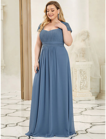 Wholesale A-Line Evening Gown Plus Size Dress Wedding Guest Floor Length Short Sleeve Sweetheart Chiffon with Ruc