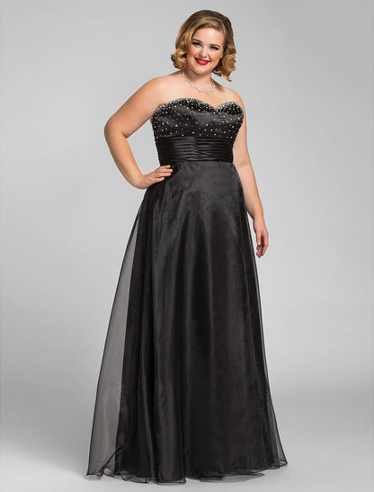 Wholesa A-Line Black Dress Prom Formal Evening Floor Length Sleeveless Sweetheart Organza with Ruched Beading