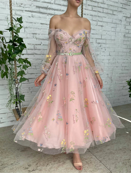 Wholesa A-Line Prom Dresses Floral Dress Birthday Garden Party Ankle Length Long Sleeve Off Shoulder Fall Wedding Guest Lace with Embroidery Appliques