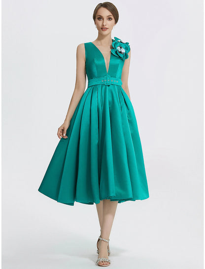 Wholesa A-Line Cocktail Dresses Elegant Dress Formal Tea Length Sleeveless V Neck Satin with Appliques