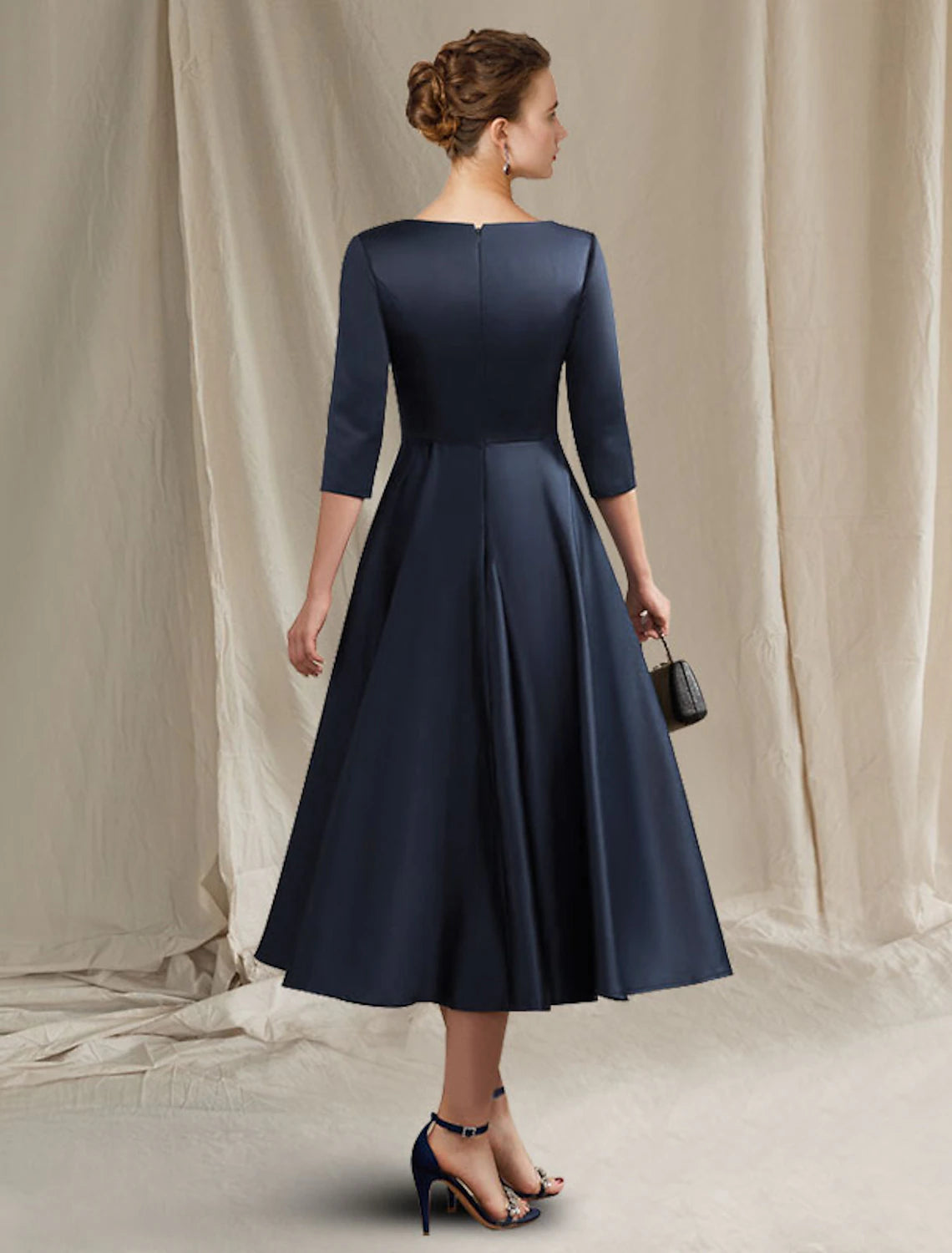 wholesale   A-Line Mother of the Bride Dress Elegant Bateau Neck V Neck Tea Length Satin Half Sleeve with Pleats Ruched