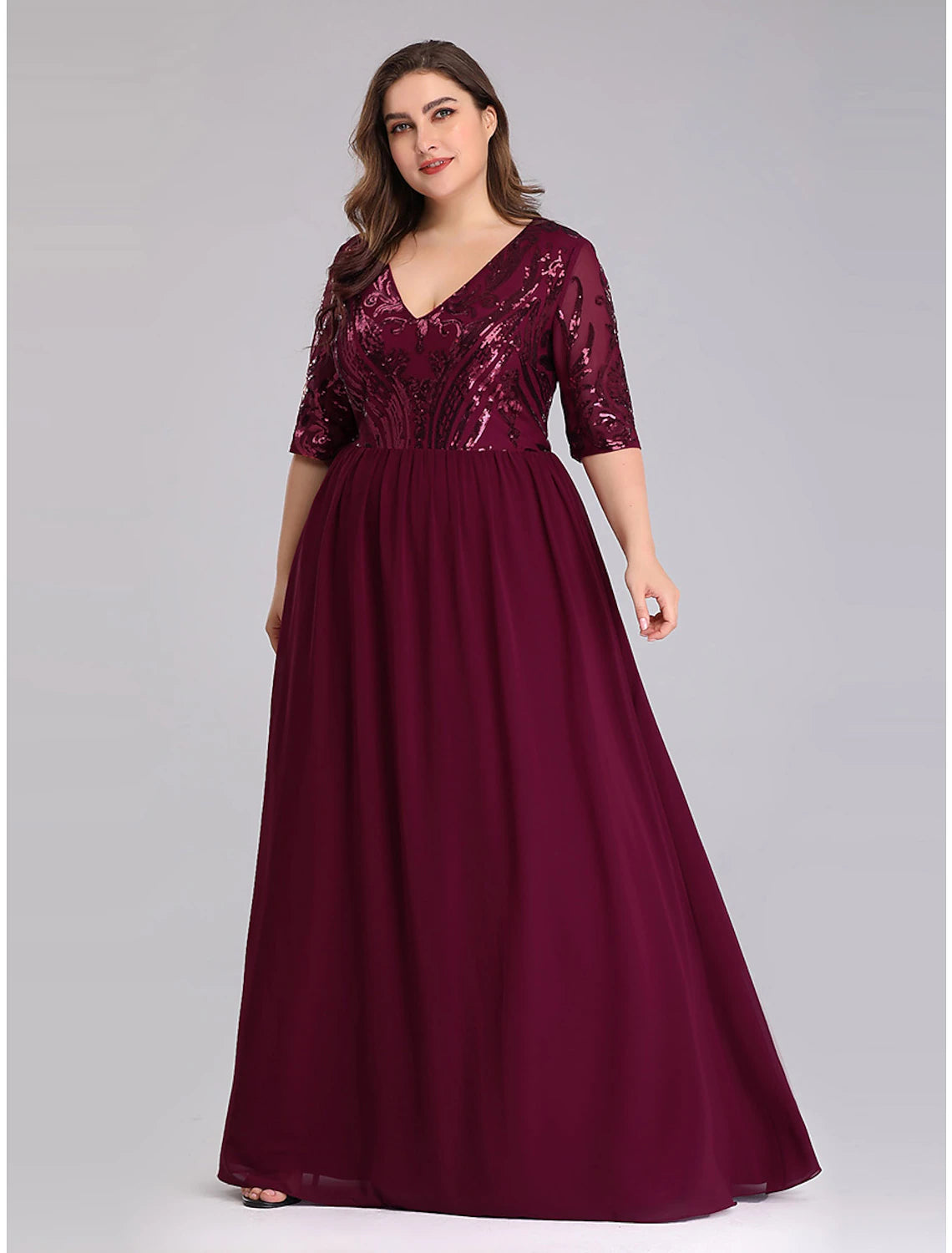 Wholesale A-Line Prom Dresses Plus Size Dress Wedding Guest Floor Length Half Sleeve Plunging Neck Chiffon with