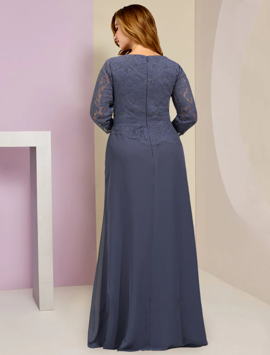 wholesale  Plus Size Curve Mother of the Bride Dress Wedding Guest Party Elegant Scoop Neck Floor Length Chiffon Lace 3/4 Length Sleeve with Ruffles Appliques