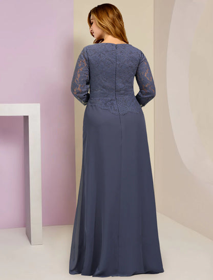 wholesale  Mother of the Bride Dresses Plus Size Curve Hide Belly Wedding Guest Party Elegant Scoop Neck Floor Length Chiffon Lace 3/4 Length Sleeve with Ruffles Appliques