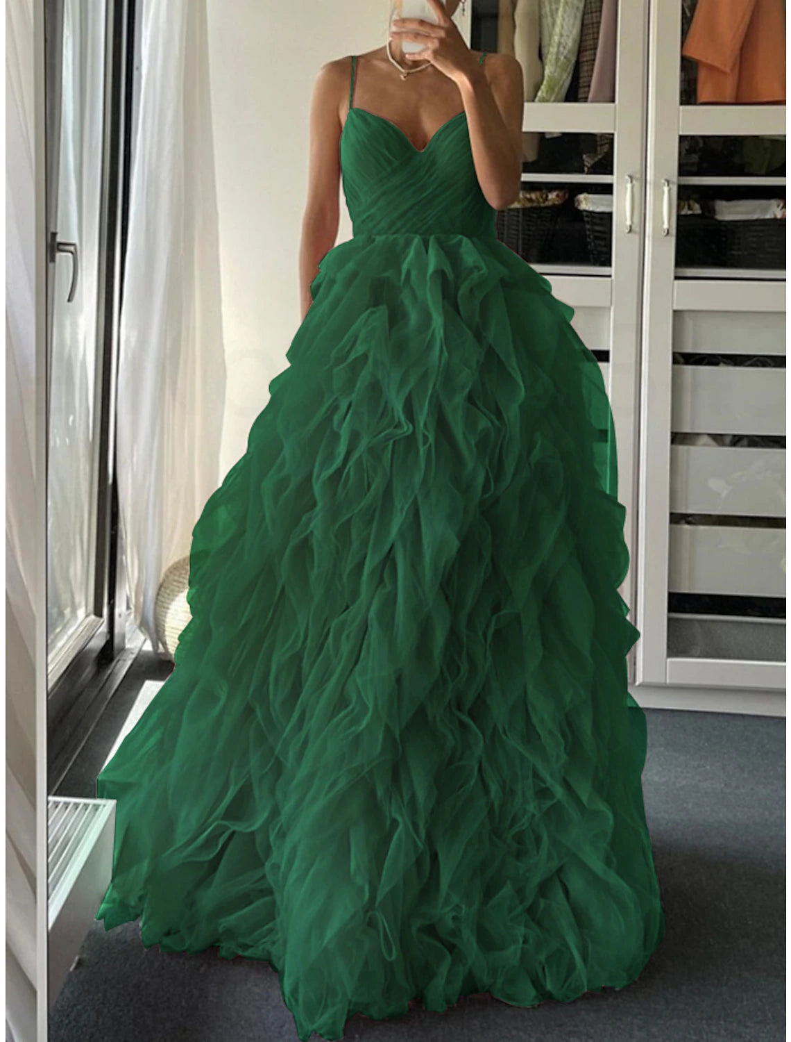 Wholesa A-Line Prom Dresses Elegant Dress Formal Floor Length Sleeveless Spaghetti Strap Tulle with Pleats Ruffles