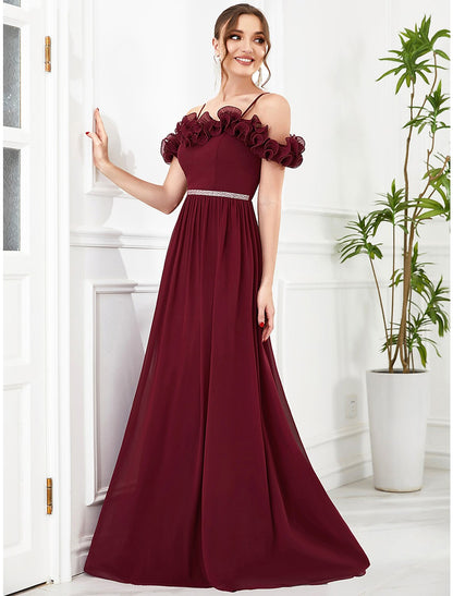 wholesale  A-Line Prom Dresses Vintage Dress Wedding Guest Floor Length Sleeveless Off Shoulder Chiffon with Appliques Shouder Flower