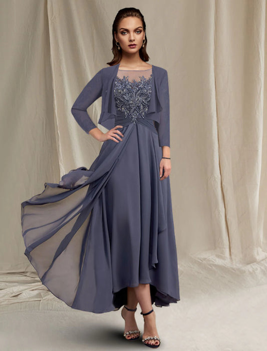 Wholesa Two Piece A-Line Mother of the Bride Dress Elegant High Low Jewel Neck Asymmetrical Tea Length Chiffon Lace 3/4 Length Sleeve Wrap Included with Sequin Appliques