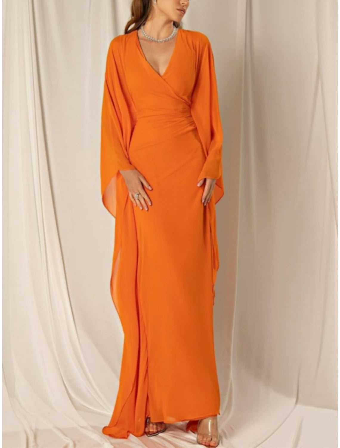 Wholesa Sheath / Column Evening Gown Elegant Dress Formal Fall Ankle Length Long Sleeve V Neck Chiffon with Ruched Ruffles